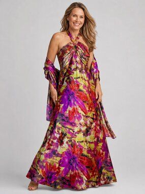 Dancing Queen Floral Maxi Gown M Ruched Bust V-Neck Balletcore Garden Party